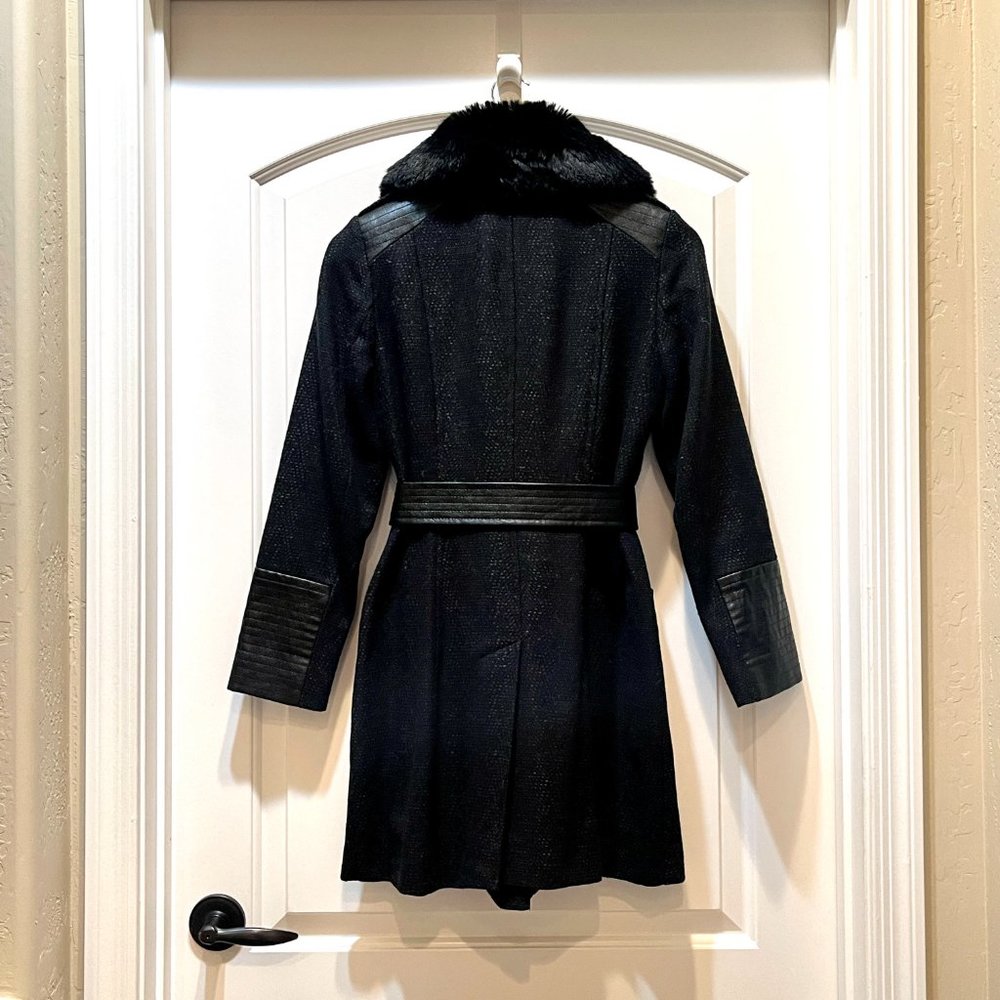 New Via Spiga Coat Petite 4P Black Tweed Fur Collar Leather Asymmetric Zip Wool - Picture 3 of 10